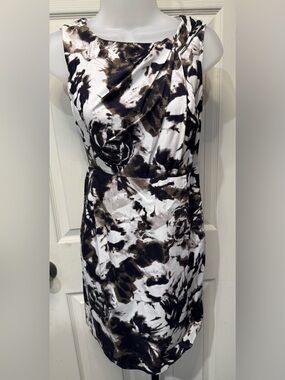 Ann Taylor Black, White and Brown Abstract Floral-Effect Midi Sheath Dress